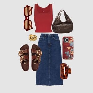 90’s Denim Midi Skirt knee length jean vintage front zipper slit pencil